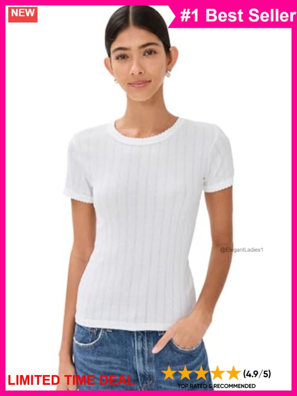 Pointelle Knit Short Sleeve Crewneck Tee Casual Vacation Top